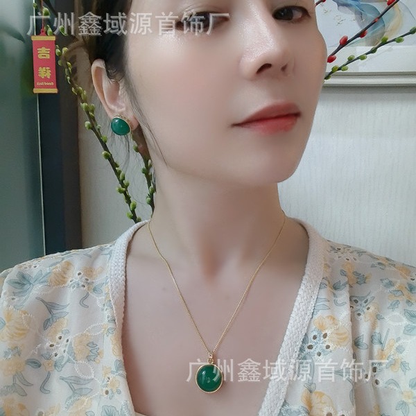 Kajia suit high quality does not pick age natural green chalcedony earring pendant Joker fashion earring factory wholesale