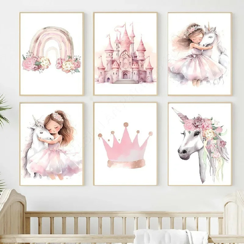Pink Watercolor Cartoon Character Girl Princess Castle Unicorn Girl Bedroom Backwall Poster Frameless Core