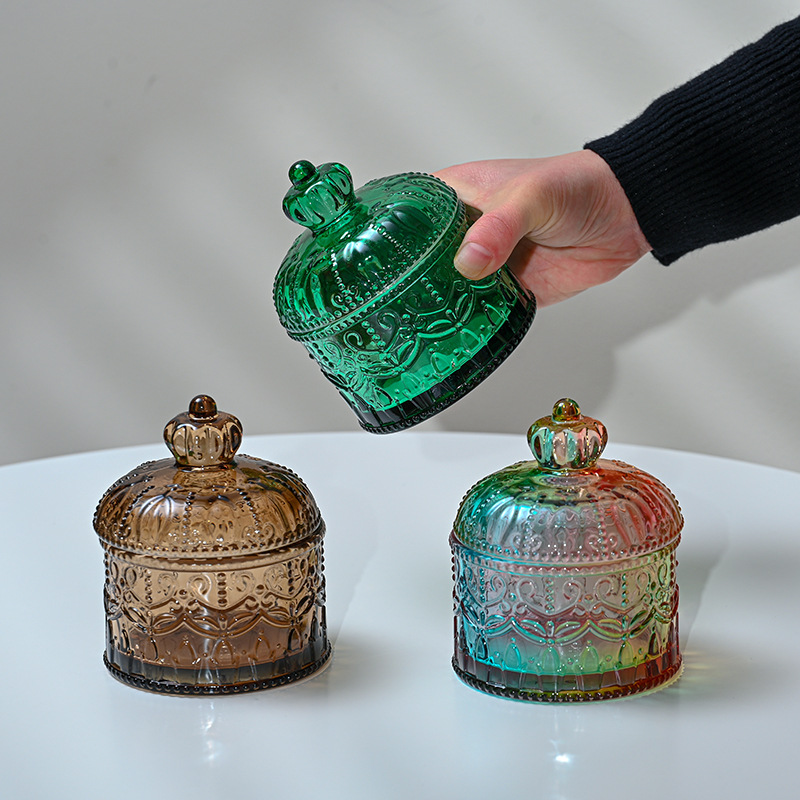 French Glass Jar Ins Style Colorfulful Crown Embossed Glass Jewelry Box Retro Candy Jar Ornaments Small