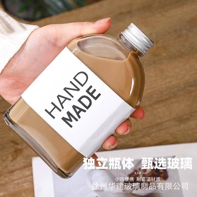 250ml Glass Small Wine Bottle Take-out Packed Milk Tea Coffee Beverage Bottle Self-brewed Juice Bottle Flat Square Bottle Printable