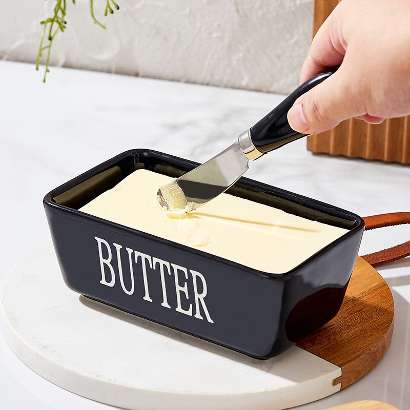Creative Black Ceramic Butter Box with Knife Home Kitchen Sealed Storage Box Butter Packaging Storage Box Wholesale