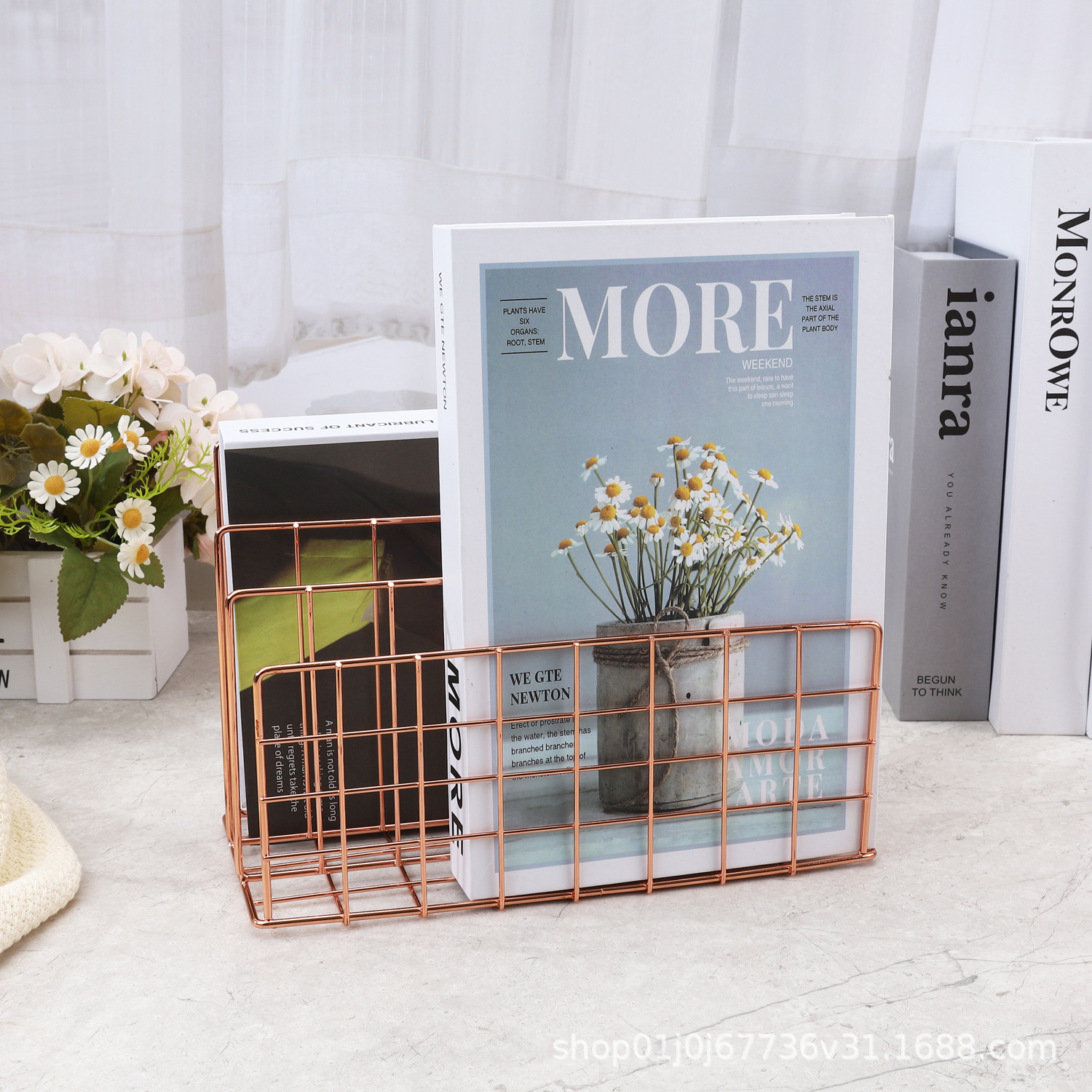 Nordic Style Creative Iron Metal Three-Compartment Bookshelf Desktop Decoration File Book Storage Rack File Rack