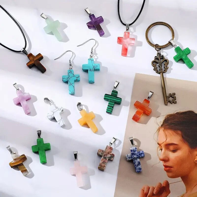 Cross-border natural crystal cross pendant European and American fashion foreign trade diy jewelry accessories leather rope clavicle chain wholesale