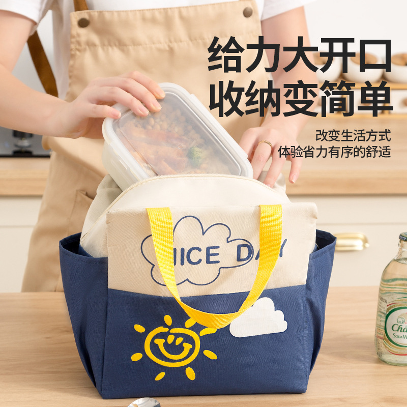 Color-Blocked Insulated Double-Pocket Large-Capacity Lunch Bag for Students and Office Workers, Outdoor Portable Cartoon Insulated Bag