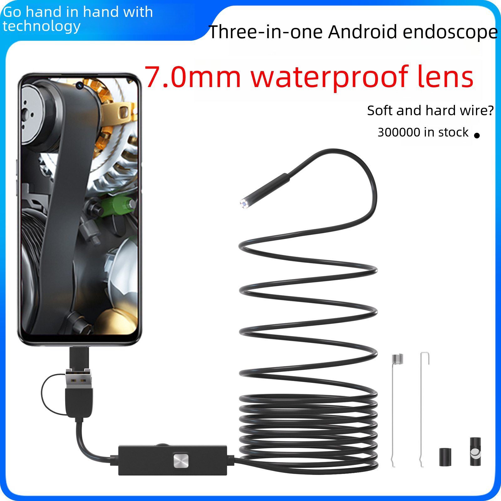 Factory Direct sales three-in-one mobile phone endoscope usb 7mm HD camera auto repair industrial pipe endoscope