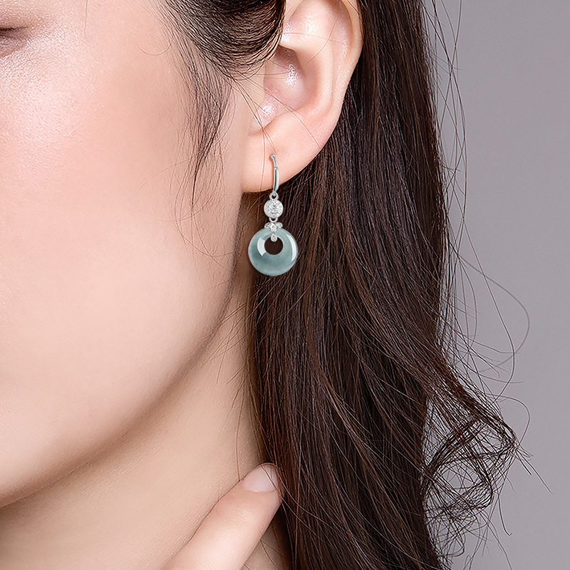 S925 Silver Inlaid Natural A Goods Jade Ring Blue Water Earrings Ice Jade Fashion Women's Earrings Earrings Earrings Ins
