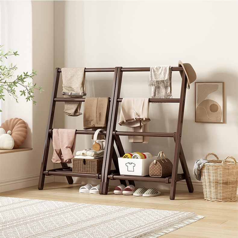 Folding Coat Rack, Bedroom Floor-Standing Clothes Rack, Bedside Clothes Rack, Bamboo Storage Rack for Clothes, Can Be Stored