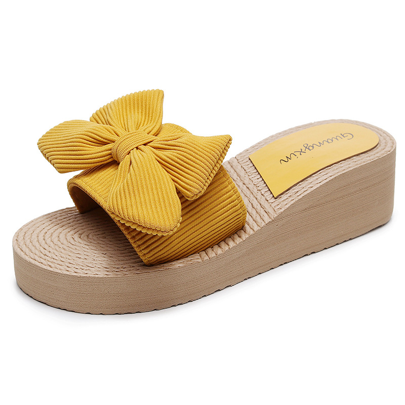 Summer Factory Direct Large Size Solid Color Bow Slippers Women's Outdoor Wedge Thick Bottom Beach Sandals