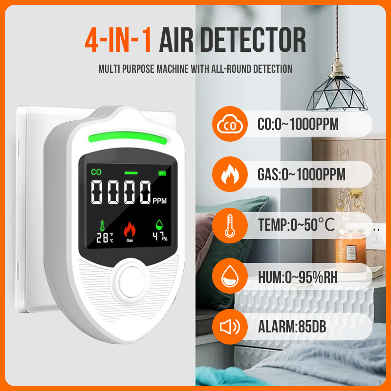 Датчик температуры и влажности газа 4 в 1 для настенной розетки, прибор для мониторинга утечки горючего газа и концентрации угарного газа