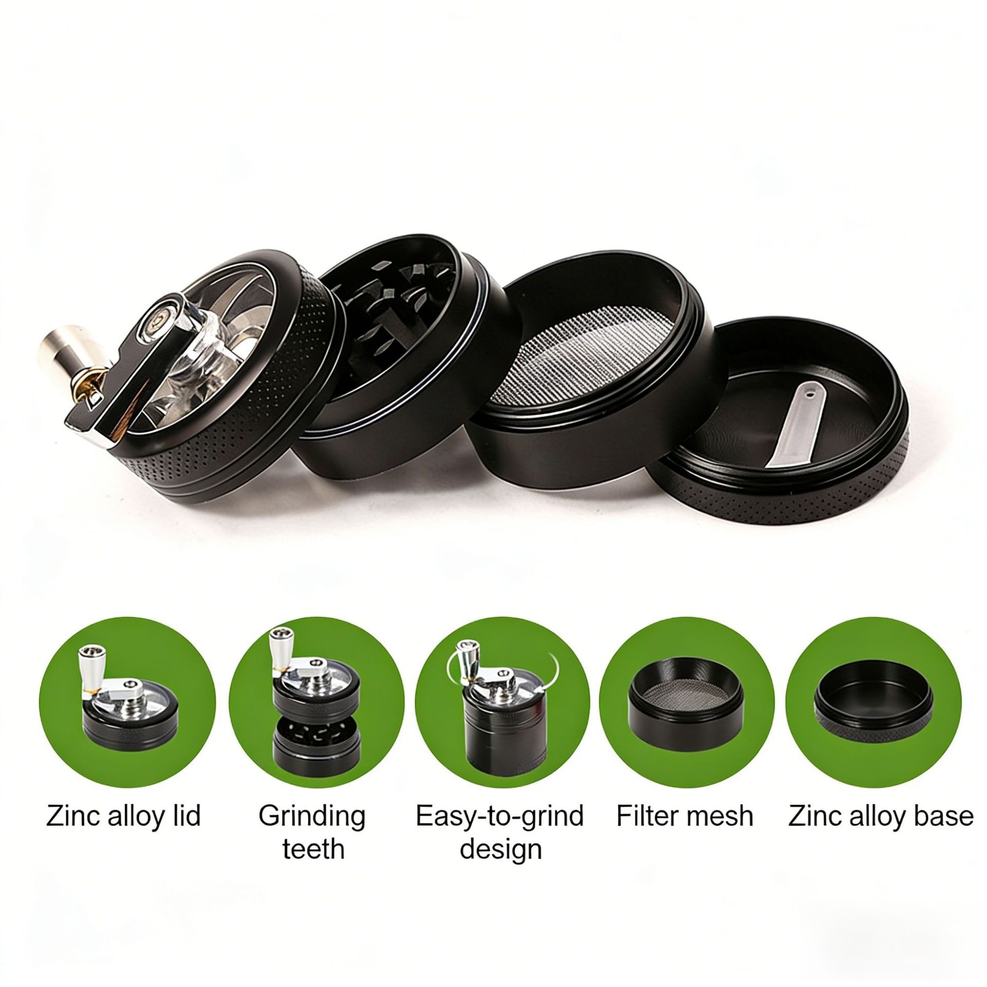 Cross-border hot sale 40mm zinc alloy four-layer hand cigarette grinder grinder metal with handle grinder smoking set