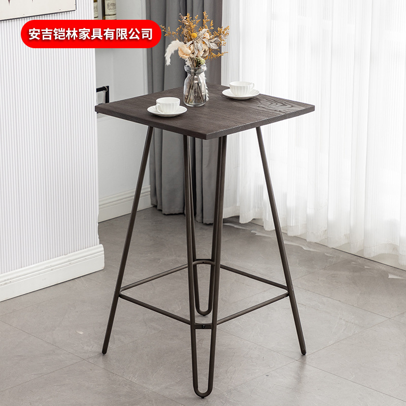 Factory Wrought Iron Table, Industrial Style Restaurant Metal Wrought Iron Bar High Stool Table, Solid Wood, Suitable for the Middle East, Light Luxury