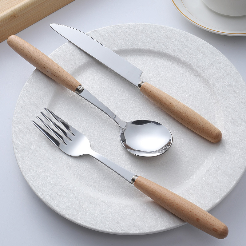 Creative Japanese Beech Wood Handle Tableware Stainless Steel Knife, Fork, Spoon, Chopsticks, Coffee Stirring Spoon, Dessert Spoon, Egg Beater