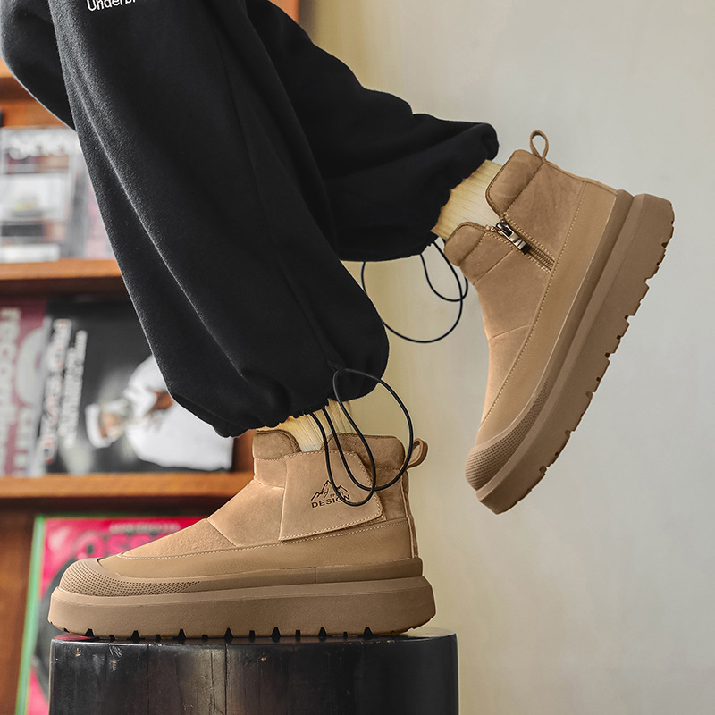 Autumn and Winter New Men's Plush Outdoor Warm Fleece Thickened Casual Versatile Thick-Soled Height-Increasing Anti-Slip Snow Boots Trendy Shoes