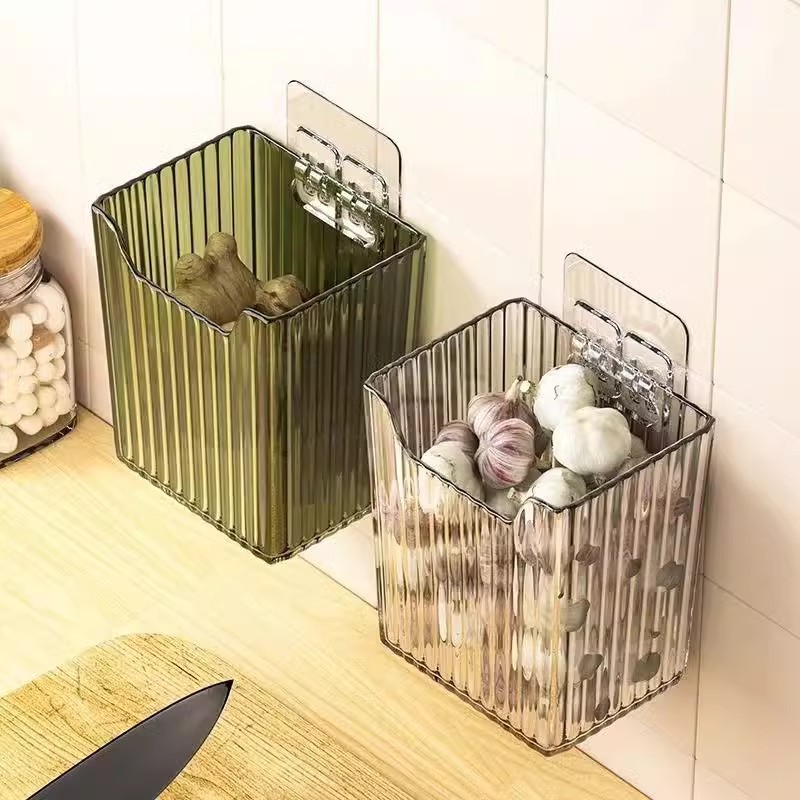 Kitchen Garlic, Ginger and Onion Transparent Storage Basket Small Objects Punch-free Wall-mounted Storage Box Kitchen Storage Rack
