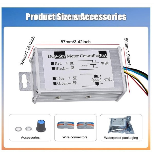 Dc Motor Speed Controller Dc 12V 24V 36V 48V 60V20A Forward and Reverse Dc Speed Regulator