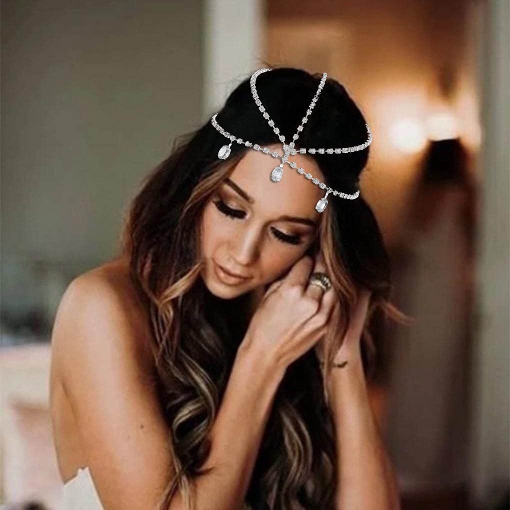 Cross-Border Rhinestone Forehead Chain Hair Accessories, Personalized Fashion European and American Retro Water Drop Pendant Head Chain Full Diamond Hair Accessories Hair Crown
