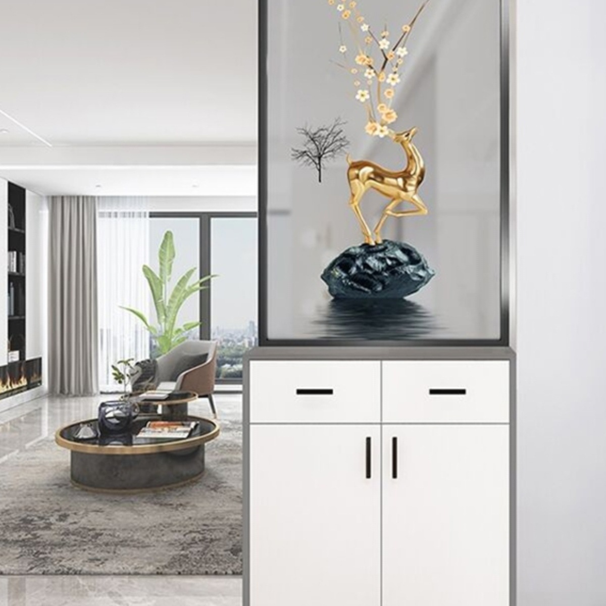 New Chinese-Style Painted Art Glass Screen Partition Background Wall Wine Cabinet Frosted Translucent Double-Sided Entrance Entrance Tempered