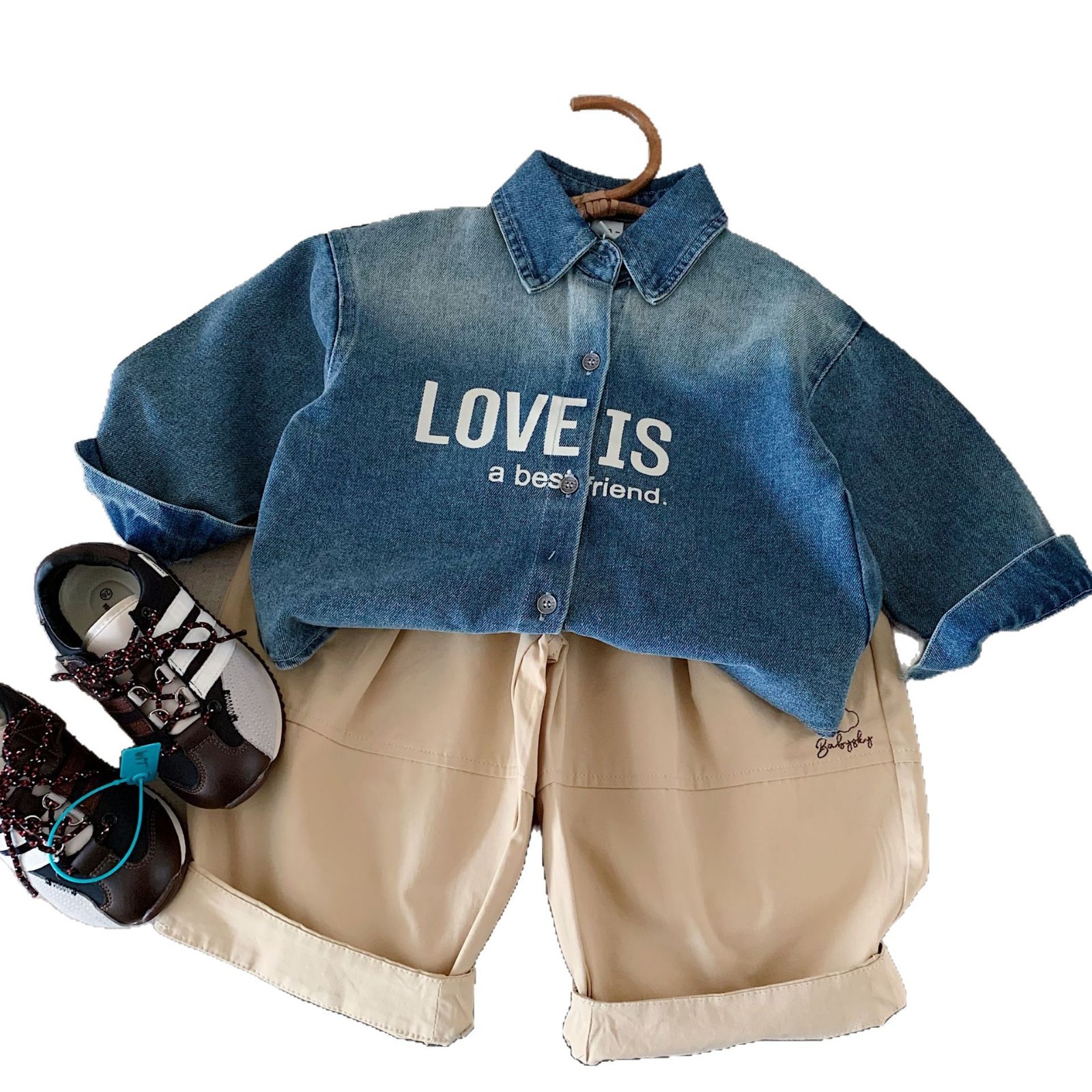 Children's Shirts Bangcheng 2025 Autum New Letter Lapel Denim Clothes for Boys and Girls Retro Shirts Trendy H0058