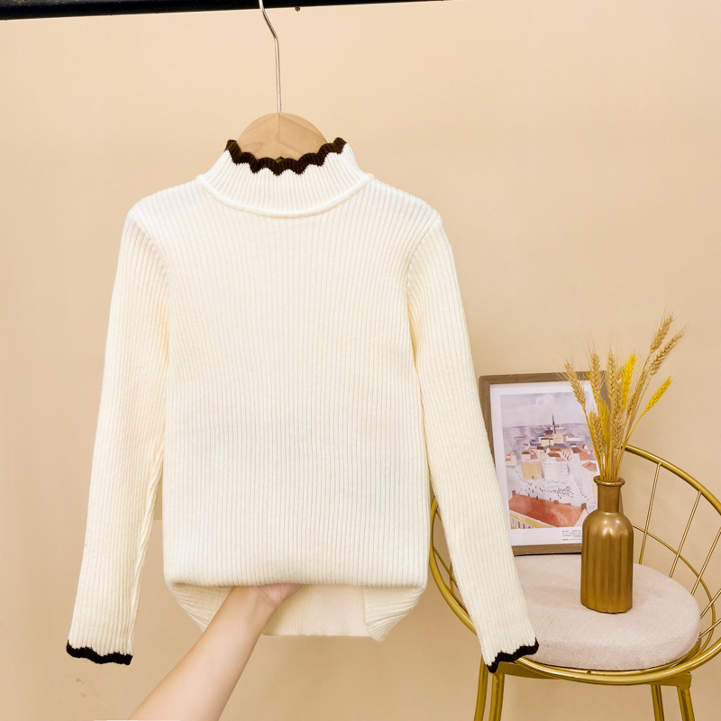 Girls' Bottoming Sweater for Autumn and Winter One-piece Velvet 2023 New Style Korean-style Middle Collar Girls' Fleece-lined Knitted Interior