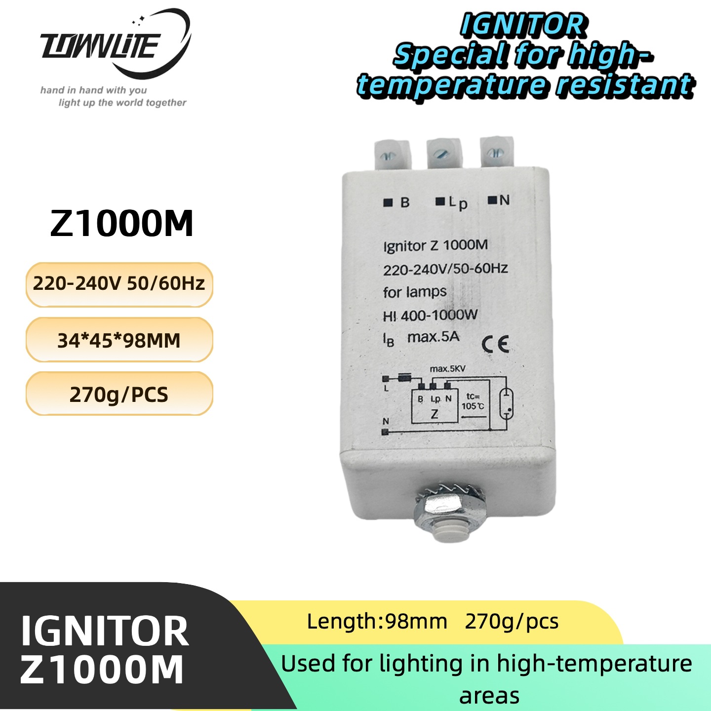 Высокотемпературная 180-градусная металлогалогенная лампа, натриевая лампа, Ув лампа, мощность 1000-1200Вт, электронный триггер