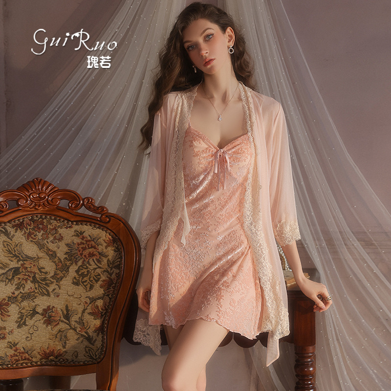 Graceful Fashion Flutter Sleeve Pure Desire Gathered with Chest Pad Tempting Sweet Camisole Nightdress Robe Loungewear Set 5937