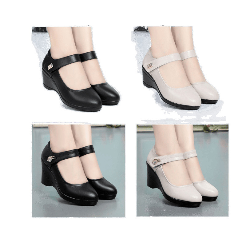 2025 New Waterproof Platform High Heels Women's New Wedge Heel Thick-Soled Mother's Shoes One-Line Buckle Round-Toe Shoes Spring Flats