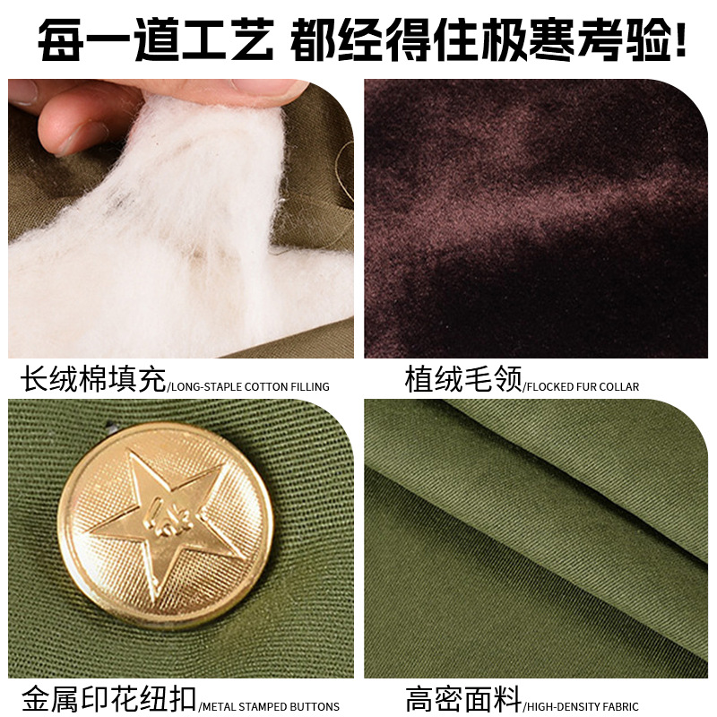 Winter military coat cold-proof thickened warm windproof cold-proof clothing men's long labor protection and disaster relief green cotton coat wholesale