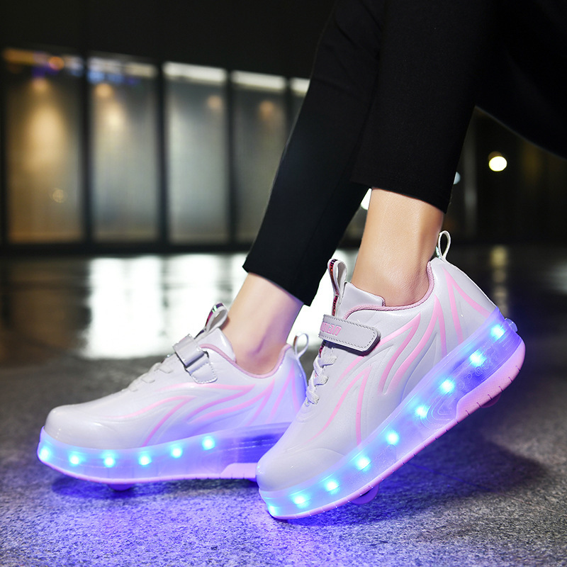 Manufacturers flash glow heywalk shoes for boys and girls students roller skates double-wheel flying shoelace wheels LED lights