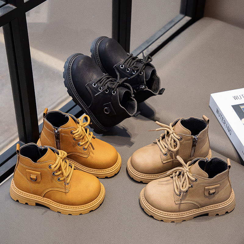2025 New Autumn and Winter Boys' Boots Kidsren's Soft-Soled Leather Yellow Boots Baby Low-Top Short Boots Girls' Shoes Export