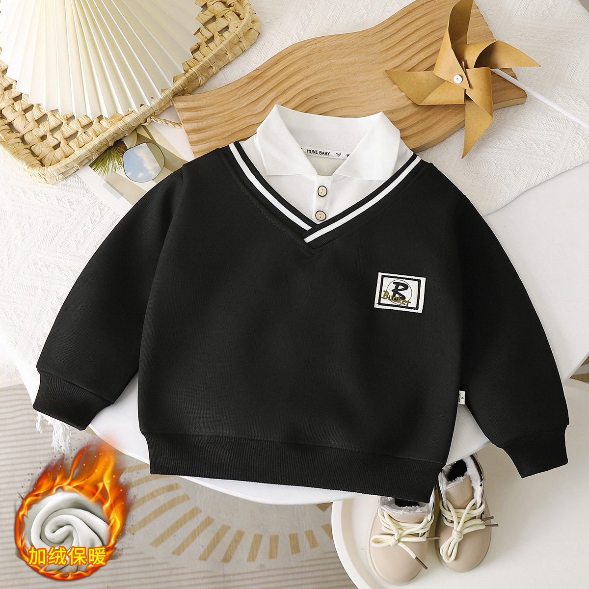 Autumn and Winter fleece-lined Boys Lapel POLO Shirt New Thickened Sweater British Style Fake Two-piece All-match Fashion for Middle and Big Children