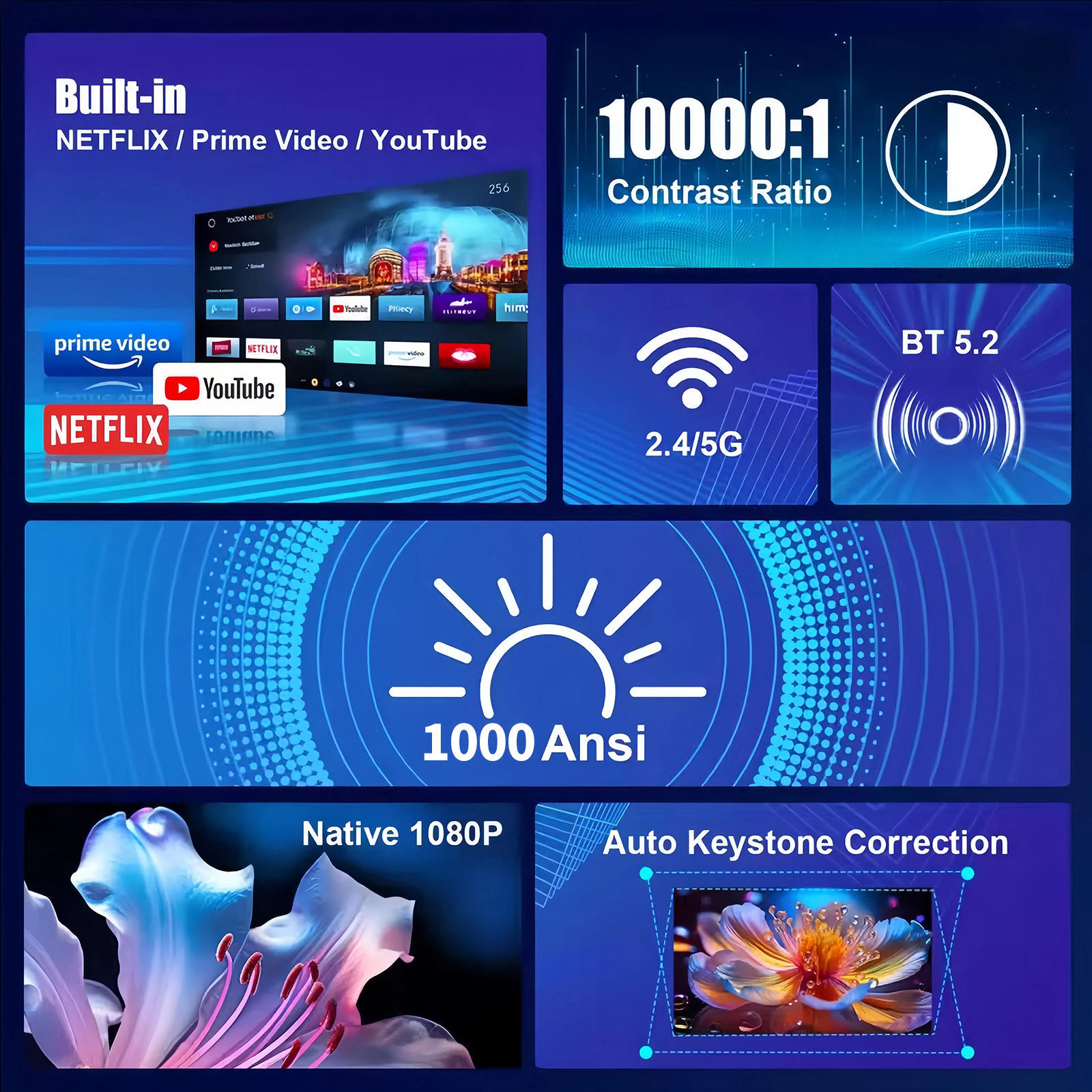 4K Football Projector, 1000 Lumens, Android 11, Bluetooth 5