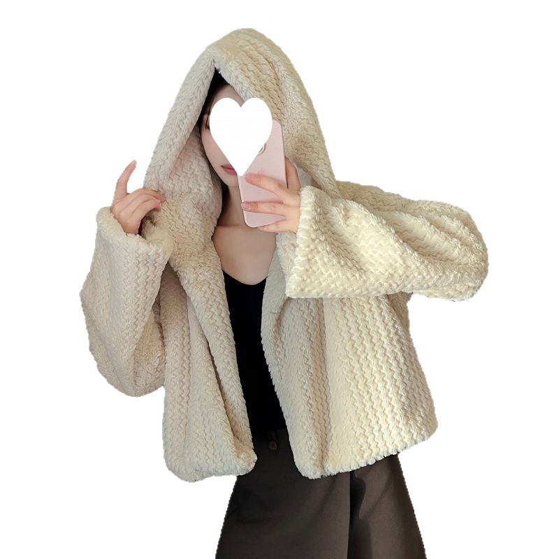 2025 Autumn and Winter New Encrypted Handmade Double-Sided Woven Hooded Korean Style Short Rabbit Fur Outwear for Young Women