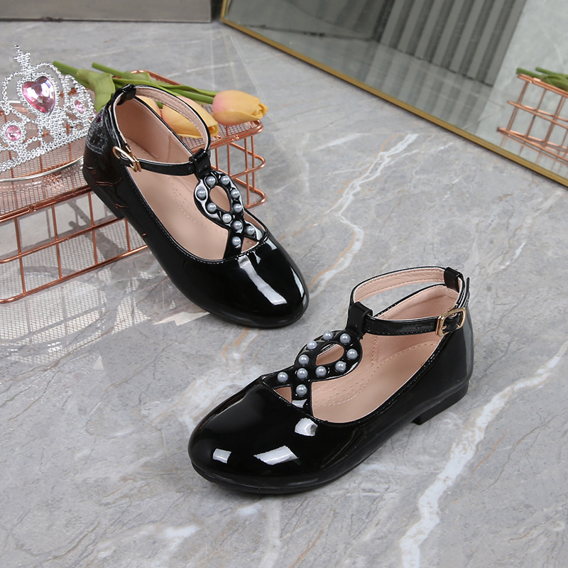 Girls' Black Pearl Children's Single Shoes for Performance, Princess Shoes, Spring and Autumn Style, College Style