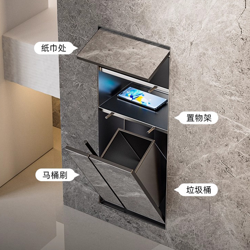 304 Stainless Steel Bathroom Embedded Niche Hidden Trash Can Toilet Brush Storage with Concealed Tissue Box