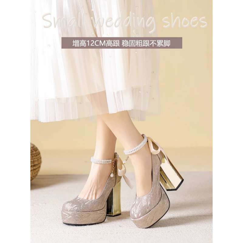 Increase Height by 12cm for Small People, Silver High Heels, Thick Heels, French Mary Jane Wedding Shoes, Thick Soles, Waterproof Platforms, French Flats