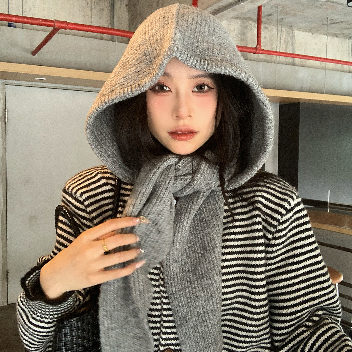 Cross-Border Wool Blend Fashion Shawl Hat Integrated Balaclava Knitted Hat Warm Scarf
