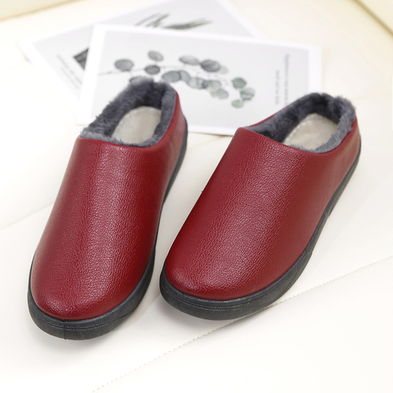 Leather Slippers Winter Household Thick-Soled Cotton Slippers Home Shoes Lightweight Non-Slip Comfortable Warm Mother's Shoes Pu Side Half Slippers