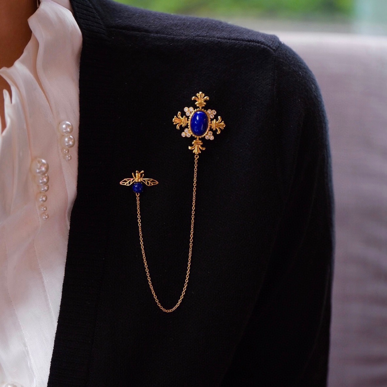 Design Retro Natural Lapis Lazuli Brooch Imperial Lapis Lazuli Malachite S925 Silver Men's and Women's Collar Pin Brooch