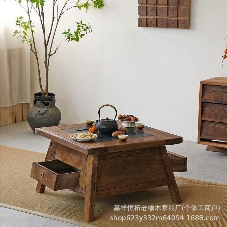 Wabi-Sabi Style Tea Brewing Table with Stove for Outdoor Courtyard, Solid Wood Charcoal Stove for Homestay, Barbecue Grill, Hot Pot Table, Old Tree Stump Square Table