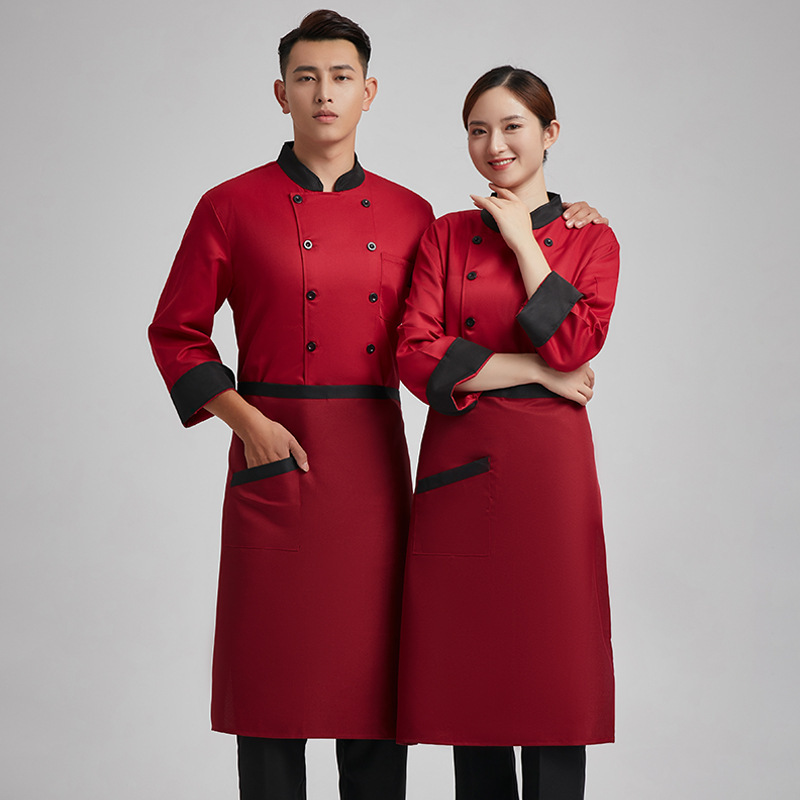 Hotel Restaurant Kitchen Work Clothes Men's plus size Restaurant Rear Kitchen Pure White Chef Clothes Long Sleeve Double-breasted Kitchen Clothes Short