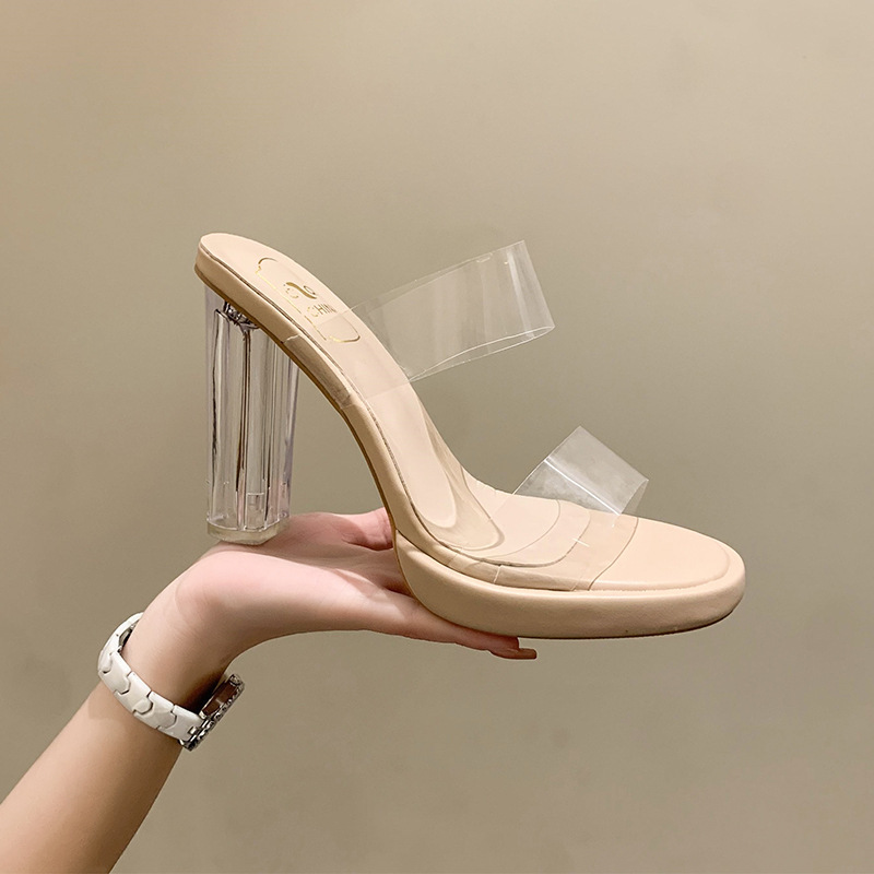 2024 Foreign Trade Large Size Ultra-High Heel Transparent Crystal High Heels New Rhinestone Outdoor Sandals European and American Pu Internet Celebrity Style