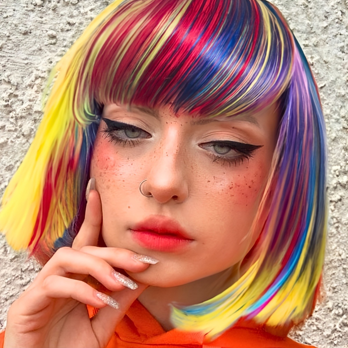 Оптовая продажа производителя, иностранная торговля, европейская и американская мода, женская разноцветная радужная короткая прямая парик с пробором посередине