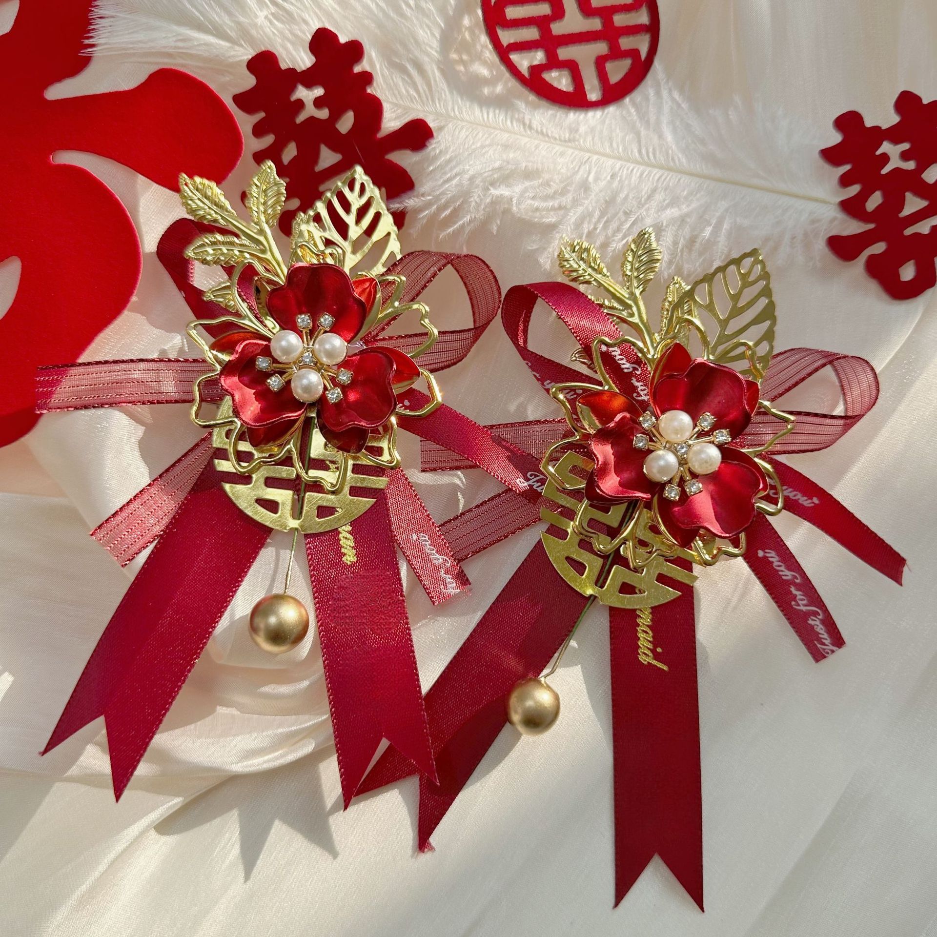New Chinese-Style Wedding Corsage for the Bride and Groom, Full Set of Wedding Dress with Ribbons, Wedding for Father, Mother, Groomsmen, and Bridesmaids