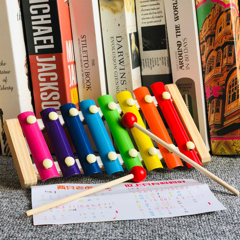 Infants and Young Children's Wooden Eight-Note Hand-Pounding Piano, Penguin Clock, Small Bead-Winding Caterpillar, Rainbow Tower, Early Education Educational Toys