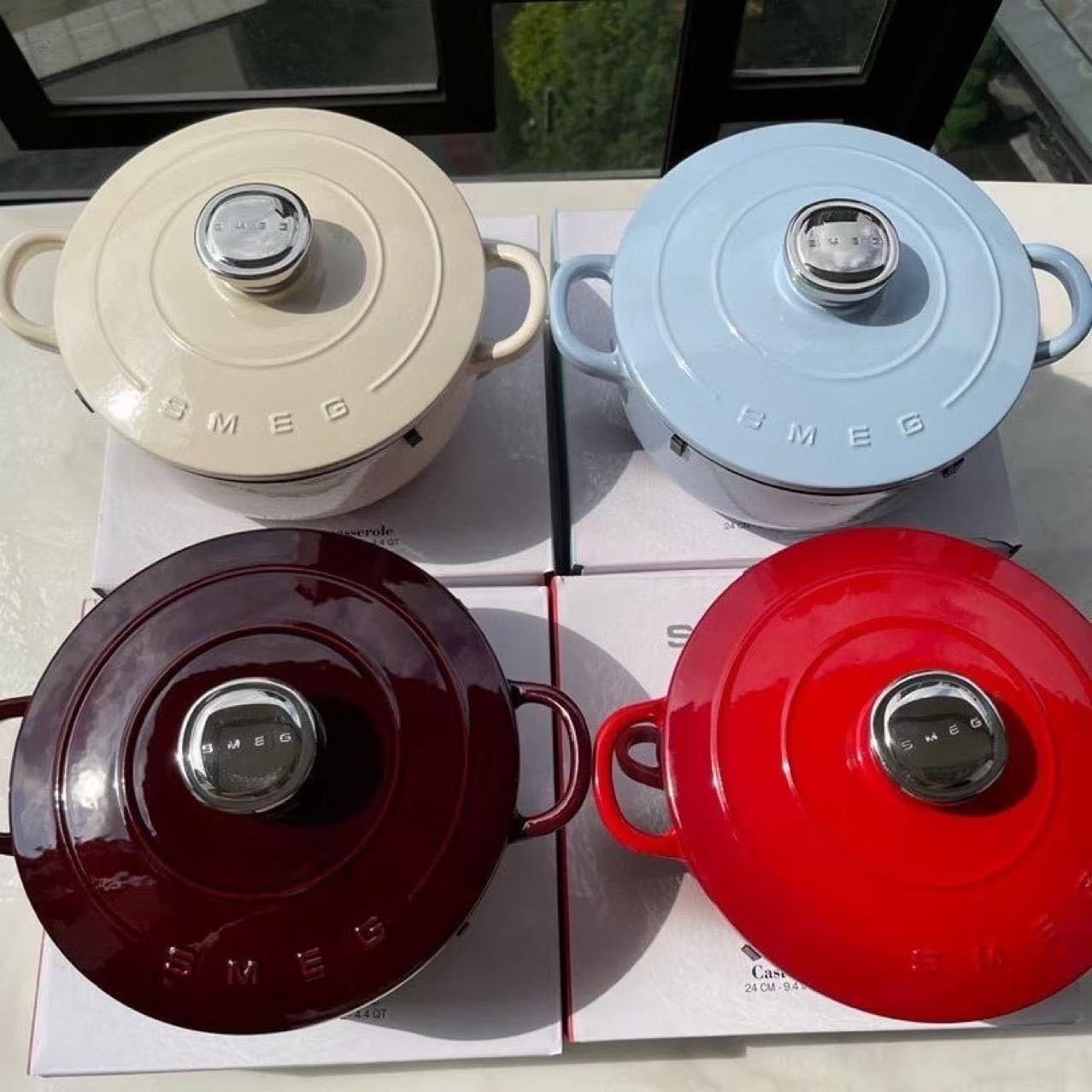 Foreign Trade Explosions Smeg Enamel Pot 24cm Double-ear Cast Iron Pot Smeg Thickened Non-stick Pot Stew Soup Pot Round