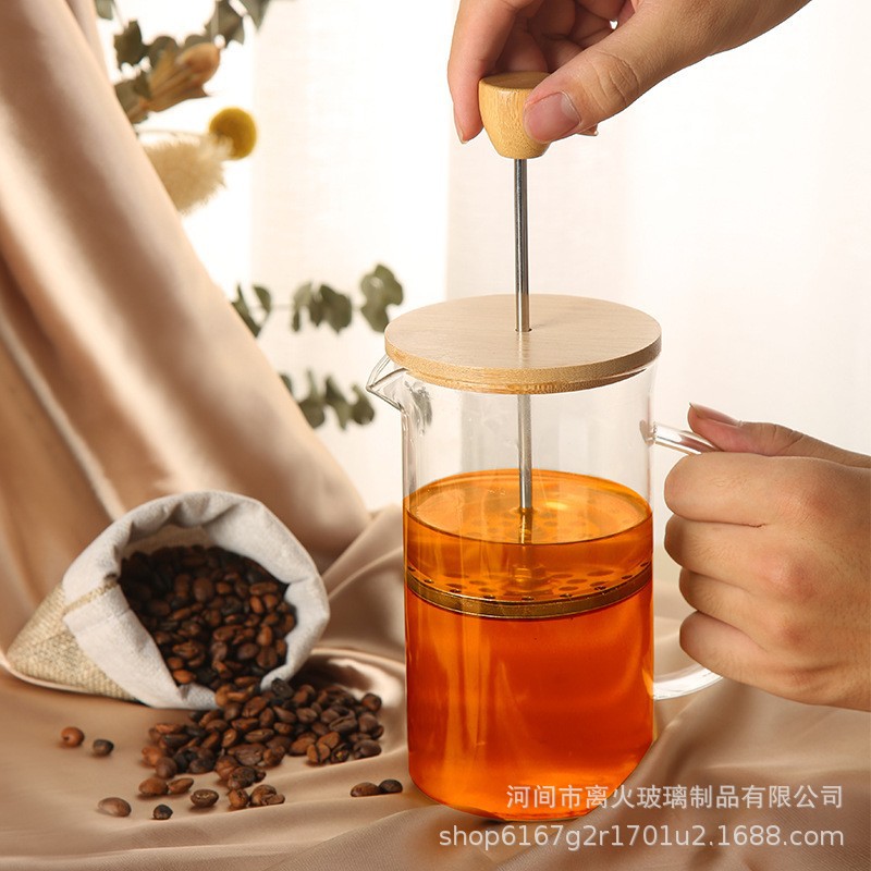 Деревянная крышка для кофе, ручной френч-пресс, высокобorosilicate чайник, нержавеющая сталь, кофейник с нажимным механизмом, холодный заварочный чайник