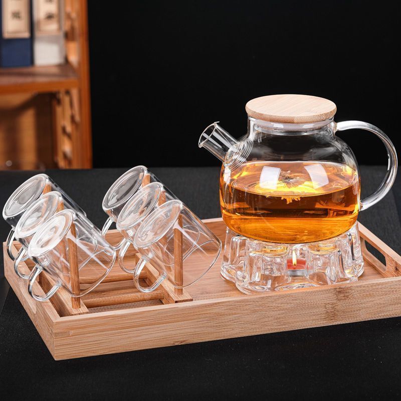 Glass Teapot with Flower Design, Filter, Household Bamboo Lid, Candle Tea Brewing, Heat-Resistant with Lid, Candle Holder, Wholesale
