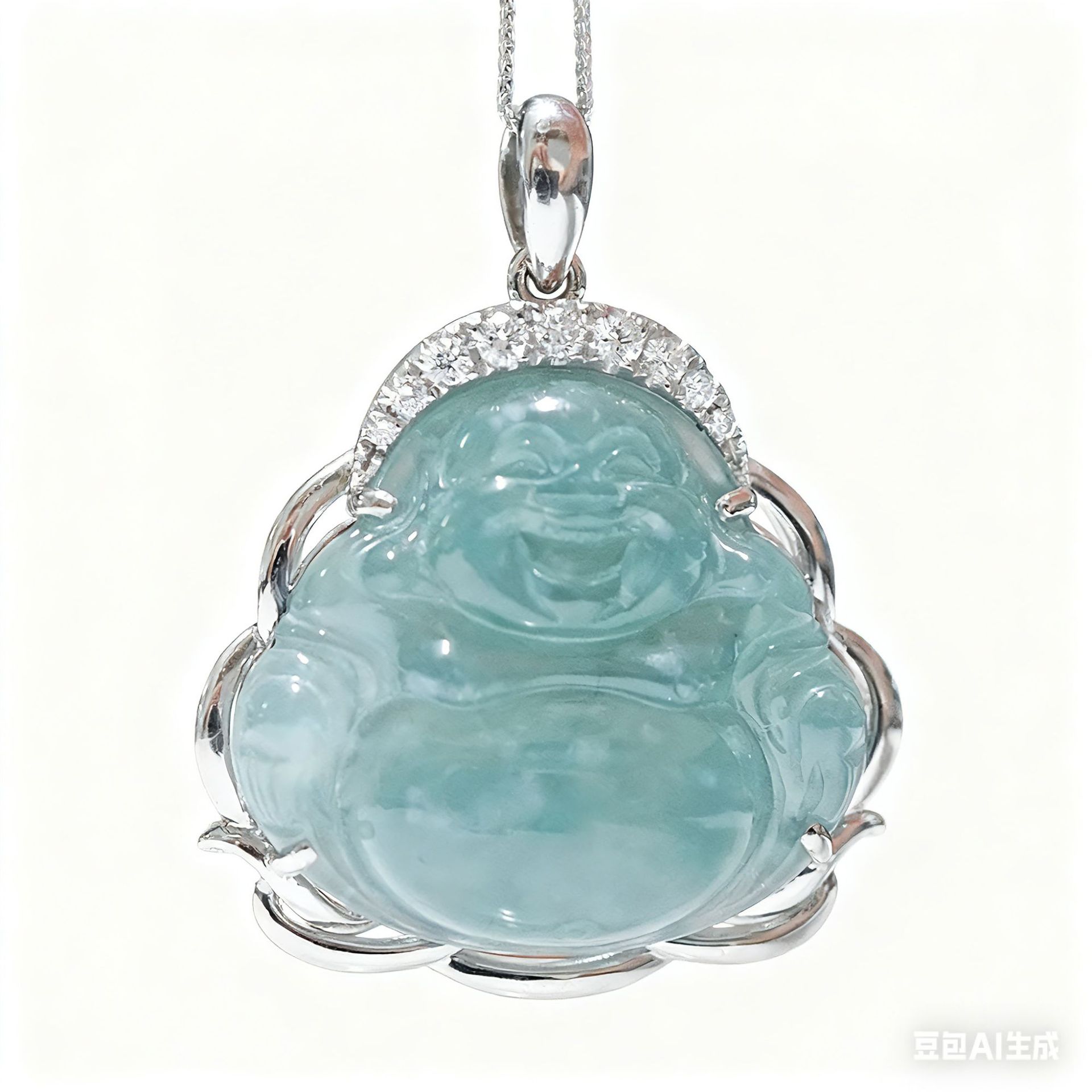 Platinum Pt950 Cultivated Diamond Jade Smiling Buddha Inlaid Full Diamond Pendant