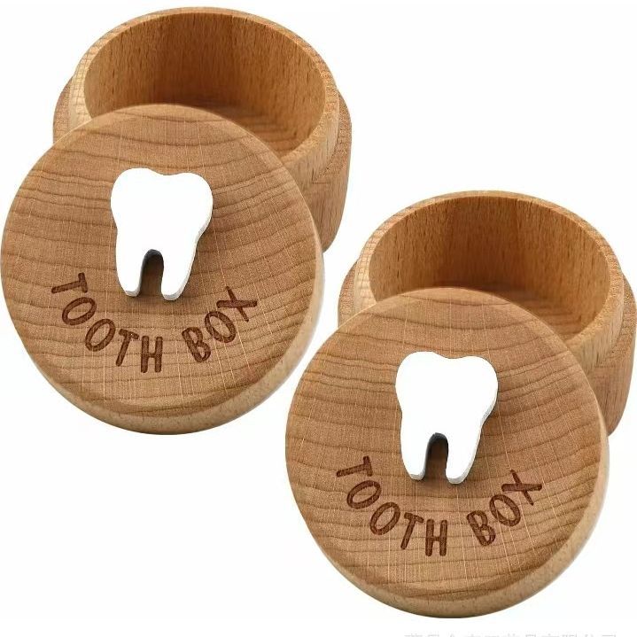 Ready Stock Kidsren's Tooth Memorial Box Collection Wooden Round Lanugo Deciduous Tooth Box Boys and Girls Beech Tooth Storage Box