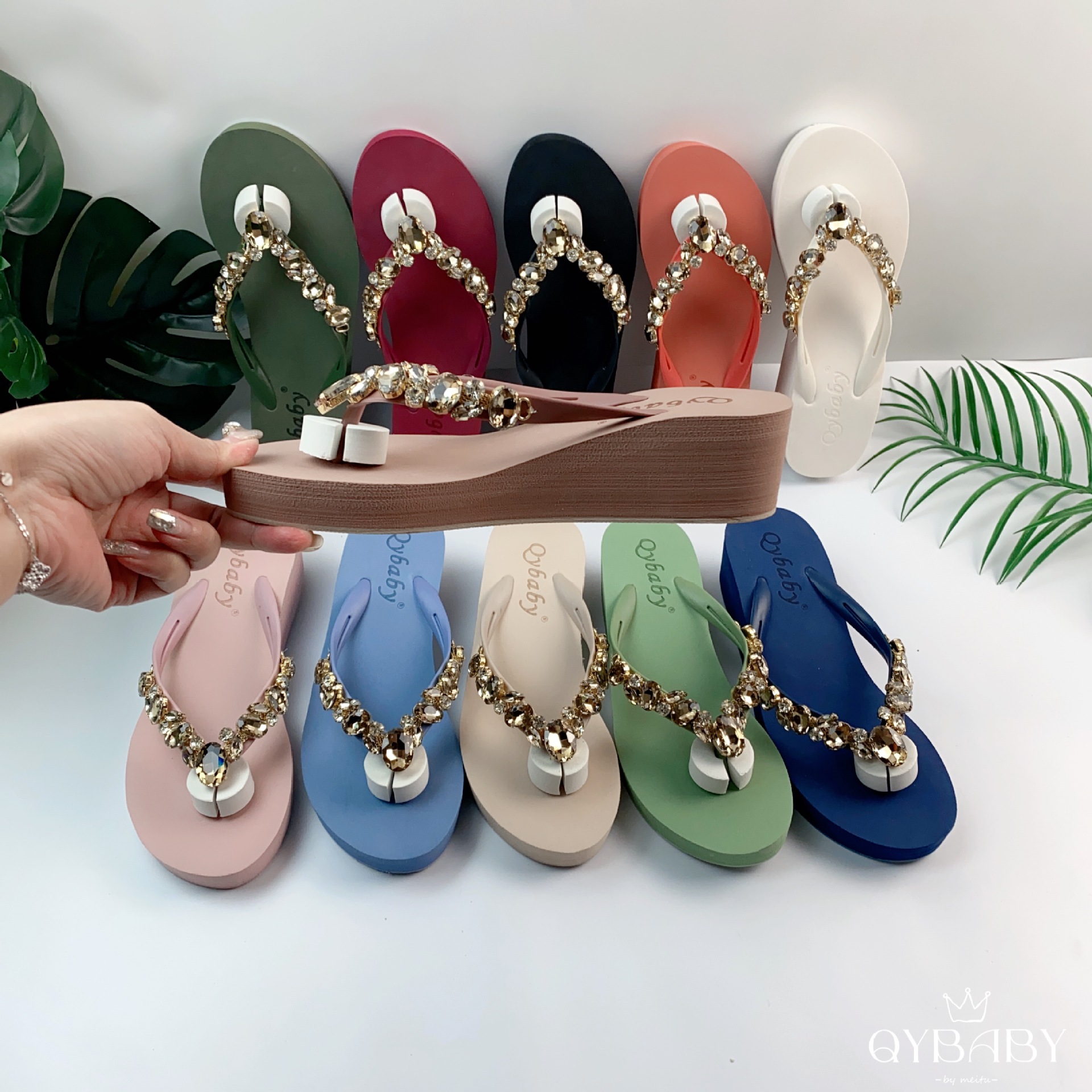 Qybaby Douyin Red Book Rhinestone Slippers Women's Summer Outerwear Beach Shoes Clip-Flops Sandals Wedge Flip-Flops Women